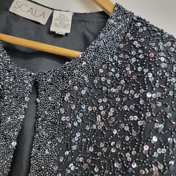 Scala Womens Black Vintage Silk Evening Jacket Small Petite Sequin Beaded Formal - Picture 2 of 10